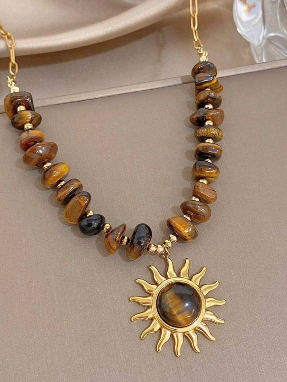Tiger Eye Beaded Necklace with Sunburst Pendant